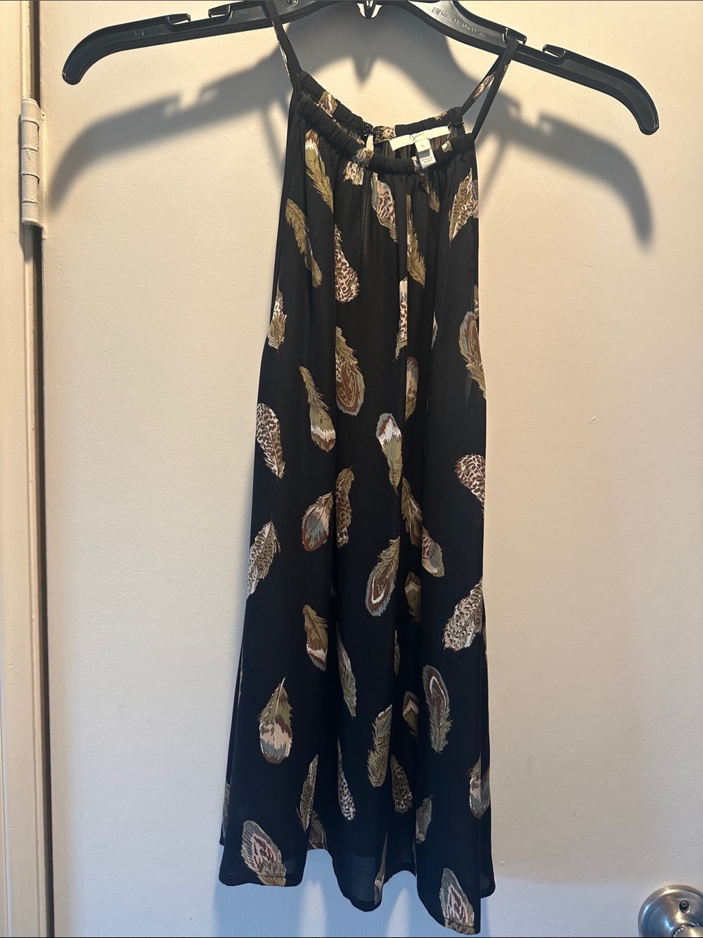 Joie Black Tank Top with Feather Motif in Tan, Gold and Green